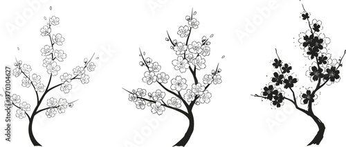 Elegant black and white cherry blossom tree branches, minimalist floral illustration, Japanese spring art design, nature silhouette vector
