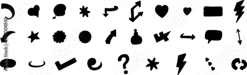 Collection of hand drawn black icons and symbols on a transparent background, including arrows, hearts, stars, and lightning bolts, isolated on transparent background