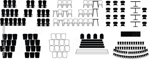 Silhouette of chair arrangements, seating layouts, event setup, classroom rows, auditorium tiers, black and white illustration, spatial planning, venue design, vector reference
