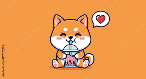 A cute cartoon Shiba Inu dog happily drinking a cup of pink boba bubble tea.
