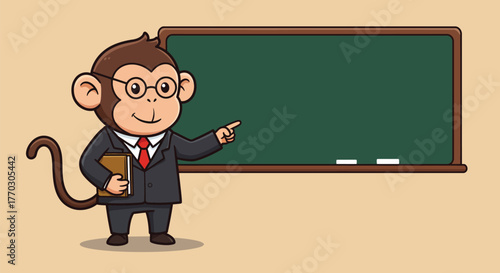 A cartoon monkey dressed as a teacher stands next to a blackboard, holding a book and pointing.