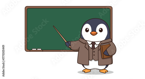Adorable animated penguin professor in a suit holding a pointer and book in front of a classroom chalkboard.