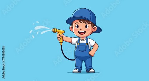 A cheerful young boy in blue overalls and a cap sprays water with a hose.