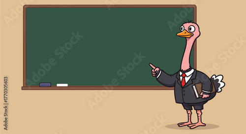 A cartoon ostrich dressed in a suit and tie stands next to a chalkboard, pointing at it.