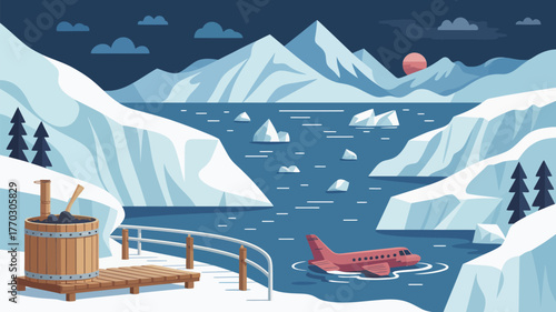 Illustration of a plane crash in arctic waters near a sauna with icebergs and mountains view 100