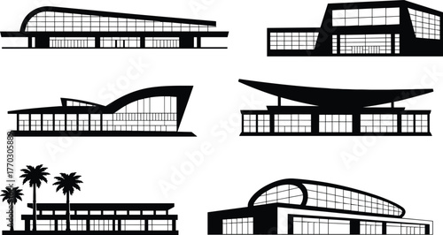 Silhouette of modern buildings, architectural structures, public spaces, commercial design, black and white illustration, urban development, contemporary construction, vector reference