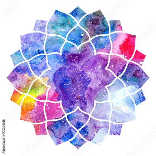 Chakra Sahasrara isolated icon, illustration, symbol with bright space watercolor texture. Multicolored hand drawn sign. For printing, web design, T-shirts, bags, office supplies, textiles.