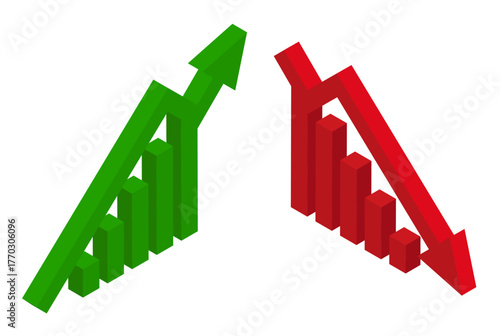 Isometric green rising and red falling charts with an arrow indicating the direction of the trend. Isolated cartoon vector on white background top view