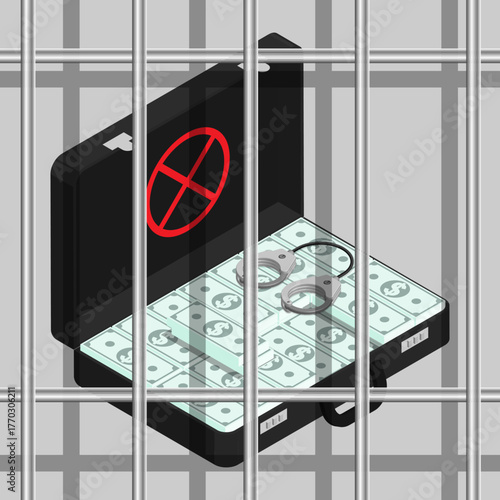 Isometric suitcase full of money behind prison bars inside a prison cell. Punishment for financial fraud. Cartoon 3D vector isolated on gray background