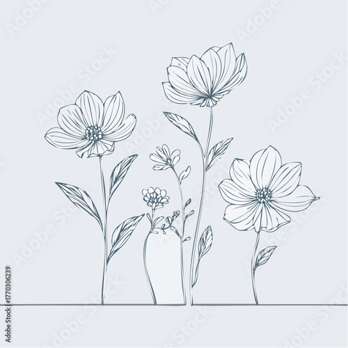Minimalist floral line art vector illustration with elegant wildflowers