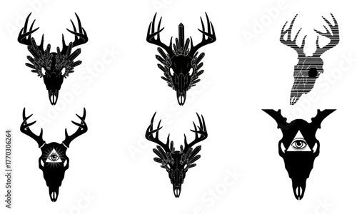 Collection of six stylized deer skull silhouettes with antlers for artistic design projects