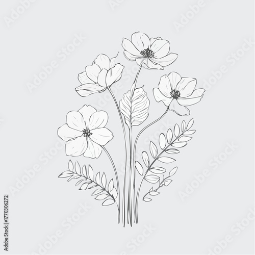 Minimalist floral line art vector illustration with elegant wildflowers