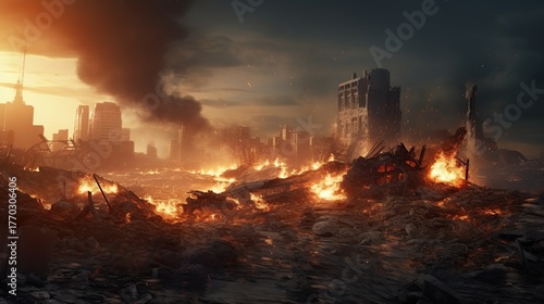 A city in ruins, engulfed in flames, with smoke rising into the dusky sky, depicting the aftermath of a devastating event.