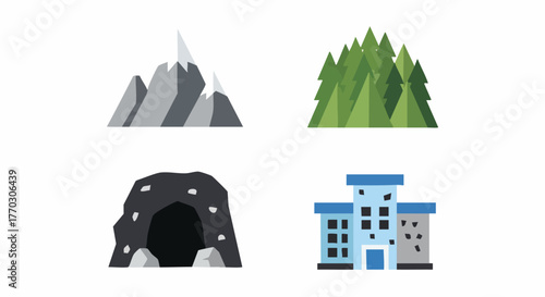 Flat design nature and city landscape elements vector illustration graphic icons mountains forest cave building architecture outdoor environmental