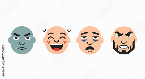 Diverse human emotions facial expressions character vector illustration set flat design happy sad angry tired furious joy mood avatar