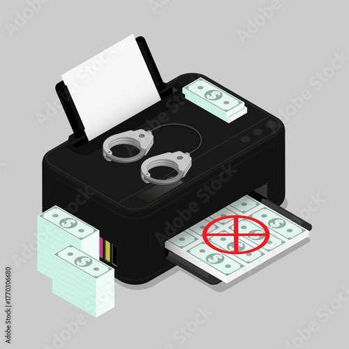 Isometric fake money printed on a printer. Illegal activity punishable by law. Cartoon 3D vector isolated on gray background