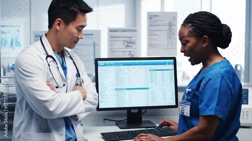 A doctor and a nurse collaborating over an electronic medical record (EMR) system on a desktop computer