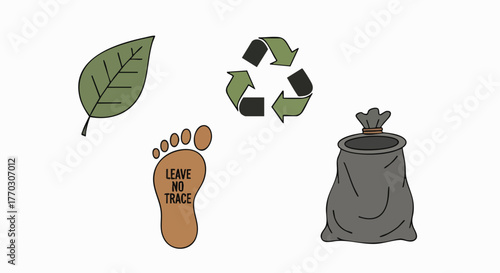 Environment conservation symbols leaf recycling footprint trash bag vector illustration flat design sustainability ecology nature pollution clean