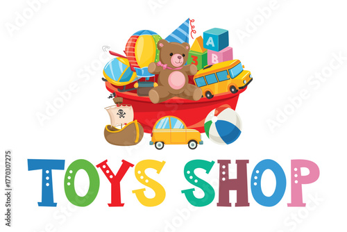 A whimsical representation of a toy shop overflowing with colorful toys, encouraging play and imaginative experiences, appealing to children's interests and joy in playtime.