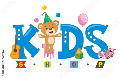 A charming kids shop illustration featuring a cute teddy bear and various colorful toys, creating an inviting environment that inspires play and creativity among children.