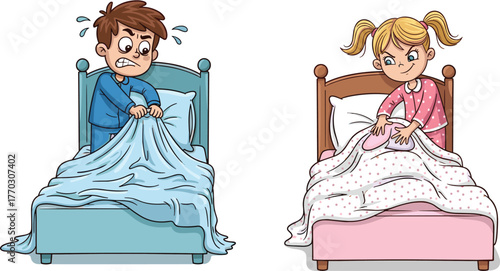 Cartoon boy and girl in bed looking scared, emotional reaction, night anxiety, pajamas, bedtime fear, children vector illustration