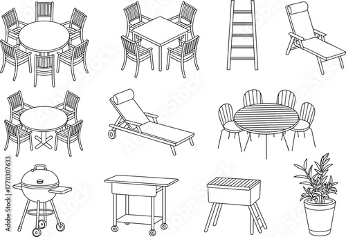 Silhouette of outdoor furniture, patio tables, lounge chairs, barbecue grills, serving cart, planter box, black and white illustration, backyard setup, garden decor