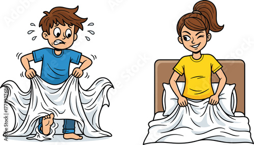 Cartoon boy and girl lifting bedsheets with surprised and happy reactions, emotional contrast, bedroom scene, funny character illustration
