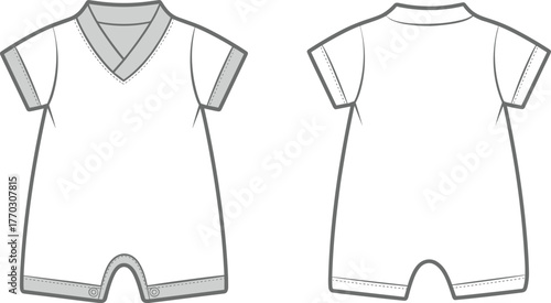 Baby romper CAD drawing flat vector template, short sleeve infant outfit front and back view, babywear fashion technical illustration