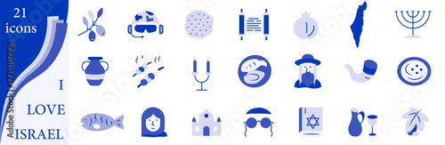 A set of icons dedicated to Israel in a flat minimalist style using national colors.