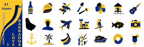 A set of icons dedicated to Barbados in a flat minimalist style using national colors.
