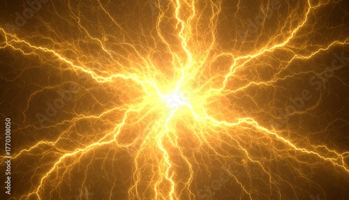 中央から放射する黄金の稲妻. Golden Lightning Radiating from the Center. AI generated.