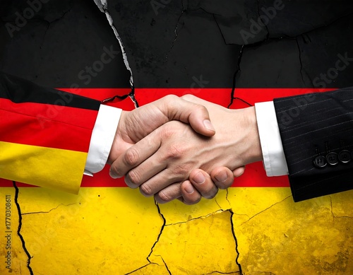 Handshake across German flag representing partnership and cracked background