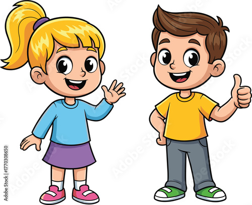 Cartoon boy and girl standing side by side, smiling, waving and thumbs-up gesture, friendly kids vector illustration for education content
