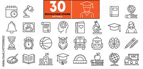 Educational Process Tools Accessories School Subjects Back To School Outline Icon Set