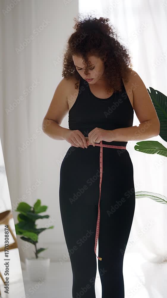 custom made wallpaper toronto digitalSlim young woman measuring waist, unhappy with body shape after bad diet result