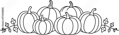 Silhouette of pumpkin group, autumn harvest, seasonal decoration, leafy branches, fall vegetables, black and white illustration, Thanksgiving theme, festive design, coloring page