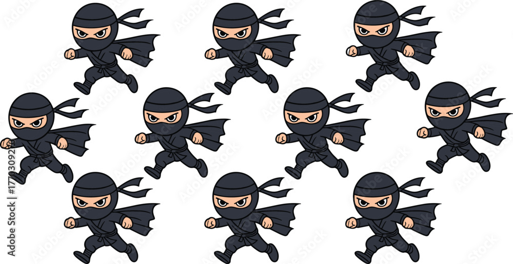 Naklejka premium cute ninja character illustration, cartoon warrior running pose, Japanese assassin chibi style vector, martial arts fighter animation, stealth hero icon design, comic game mascot