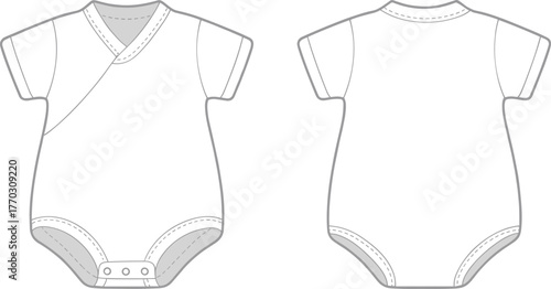 Baby wrap bodysuit CAD flat vector template, kimono style newborn romper front and back view, fashion technical sketch design