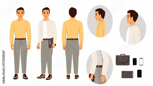 Illustration of a man in various poses and outfits including front back and side views with accessories and bag