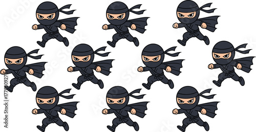 cute ninja character illustration, cartoon warrior running pose, Japanese assassin chibi style vector, martial arts fighter animation, stealth hero icon design, comic game mascot
