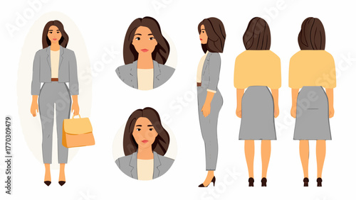 Illustration of a woman in a business suit with multiple views and a handbag in a cartoon style