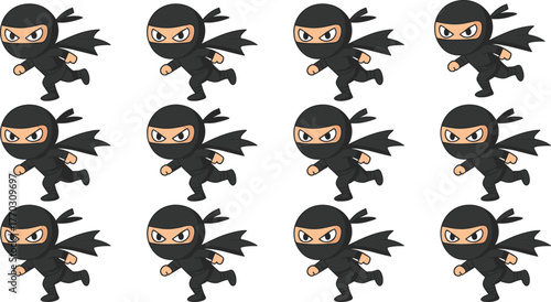 Cute ninja character pattern, cartoon stealth fighter seamless design, running ninja warrior illustration, black costume assassin background, martial arts animation concept, fun comic wallpaper