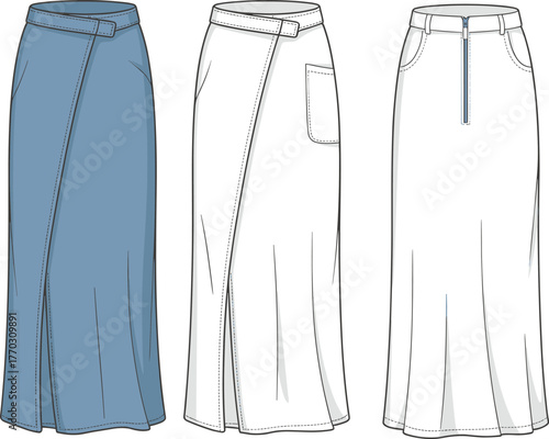 Fashion flat sketch of long wrap and denim skirts with belt, pockets, and zipper details for women apparel design illustration.