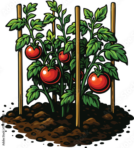 Tomato plants growing with wooden stakes, symbolizing organic gardening and fresh homegrown produce