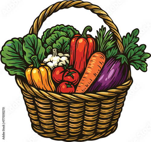 Fresh vegetable harvest basket filled with colorful produce from home organic garden