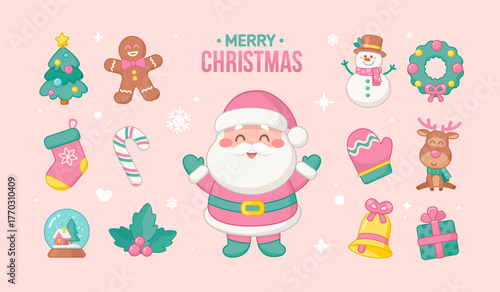 Merry Christmas icons bundle with Pink Santa Claus, Cute characters in soft pastel colors. Chrismas holidays design with Kawaii style icons, cartoon characters and elements. Editable vector