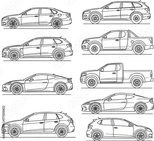 Modern Car Types Thin Line Vector Icon Set