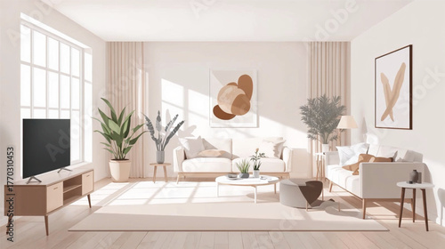 Minimalist Nordic Living Room Vector Illustration.