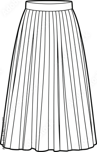 Fashion flat sketch of pleated midi skirt design for women apparel template, detailed vector illustration for sewing and clothing pattern.