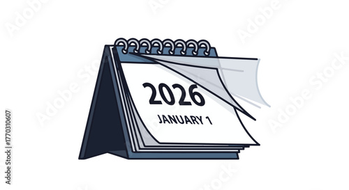 Illustration of a 2026 desk calendar with a page turning to January 1, representing the New Year and future scheduling